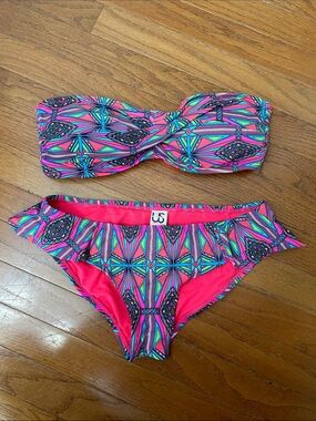 Urban Sea Neon Geometric Bandeau Bikini Set - Pink Multi